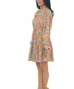 Entro Dusty Arctic Blue Floral Print Peasant Dress Dresses
