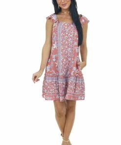 Jodifl Salmon Floral Cap Sleeve Short Dress Dresses