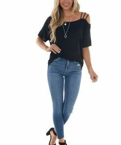BiBi Black Cold Strapped Shoulder Soft Knit Short Sleeve Top Tops