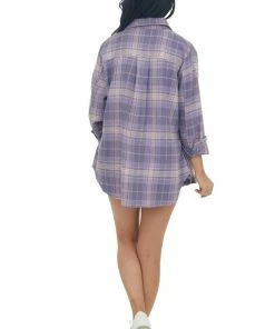 Blue B Lavender And Baby Pink Plaid Flannel Top Tops