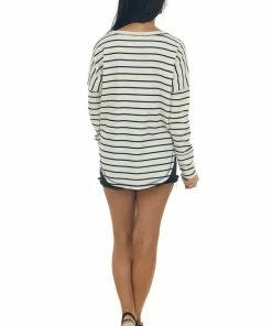 143 Story Cream And Black Striped Thermal Henley Top Tops
