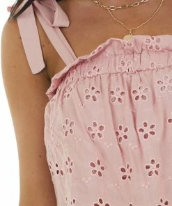 LE LIS Dusty Pink Floral Eyelet Lace Sleeveless Top With Strap Ties Tops
