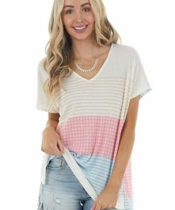 Lovely J Ivory Multicolor Striped Knit Top With Short Kimono Sleeves