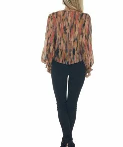 Peach Love Tops Multicolor Abstract Print Bubble Sleeve Blouse