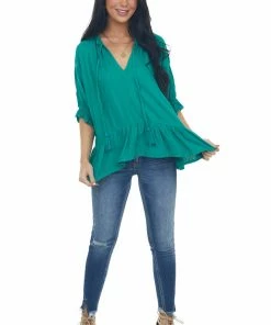 Umgee Tops Kelly Green Textured Blouse With Ruffle Details And Neck Tie