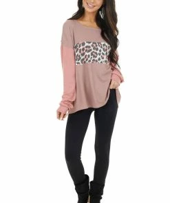 HOPELY Tops Dusty Rose Leopard Print Colorblock Long Sleeve Top