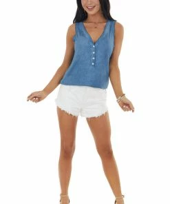 POL Clothing Ocean Stretchy Knit Tank Top With Buttons
