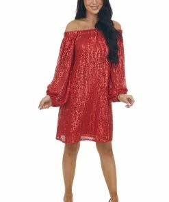 Vine & Love Lipstick Red Sequin Off Shoulder A Line Dress