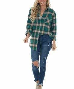 La Miel Forest Plaid Curved Hem Button Down Flannel Tops