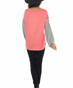 My Story Blush And Coral V Stitch Knit Top With Striped Puff Sleeves Tops