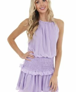 Do + Be Lavender Halter Mini Dress With Smocked Ruffle Detail Dresses