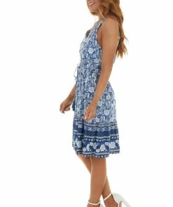 Davi & Dani Dusty Blue Floral Print Notch Neck Short Dress