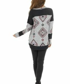 RAE MODE Black Two Tone Aztec Print Knit Top With Raw Edge Details