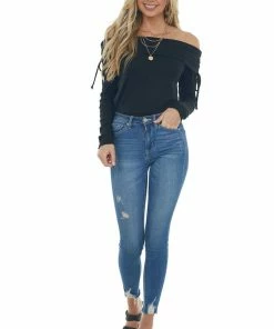 BiBi Black Folded Off The Shoulder Ribbed Top