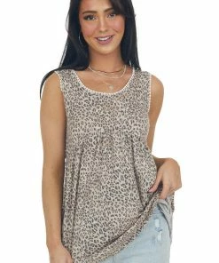 Hailey & Co Tops Latte Leopard Print Tank Top With Crochet Trim
