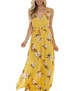 ROKOKO Dresses Canary Yellow Floral And Polka Dot Print Maxi Dress