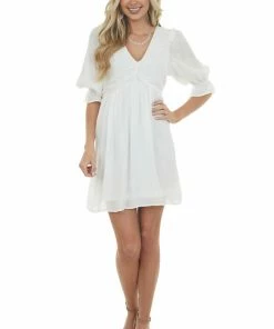 Umgee Ivory Half Sleeve Ruched V Neck Short Dress Dresses 23 Umgee Ivory Half Sleeve Ruched V Neck Short Dress Dresses