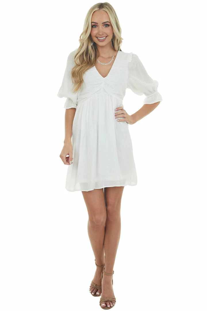 Umgee Ivory Half Sleeve Ruched V Neck Short Dress Dresses 11 Umgee Ivory Half Sleeve Ruched V Neck Short Dress Dresses