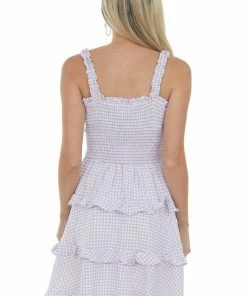Sweet Lemon Dresses Lavender Gingham Smocked Tiered Mini Dress