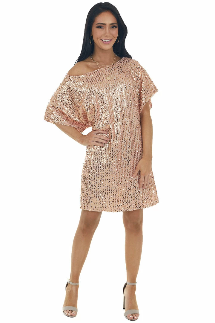 Vine & Love Blush Sequined Short Flowy Sleeve Shift Dress Dresses 17 Vine & Love Blush Sequined Short Flowy Sleeve Shift Dress Dresses