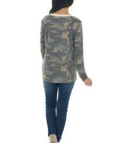 Vanilla Bay Faded Sage Camo Long Sleeve Henley Knit Top Tops