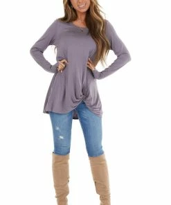 Kye Mi Lavender Knit Long Sleeve Top With Hem Twist Detail