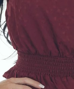 She + Sky Tops Wine Jacquard Sleeveless Mock Neck Peplum Top