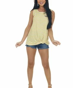Hailey & Co Tops Amber Striped Sleeveless Tank Top With Twist Front