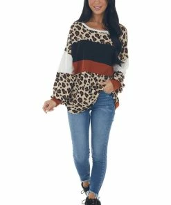 Haptics Tops Rust And Leopard Print Long Sleeve Knit Top