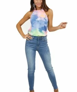 BiBi Tops Multicolor Tie Dye Sleeveless Top With Halter Neckline