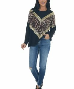 FSL APPAREL Black And Leopard Print Chevron Top With Gold Sequin Details