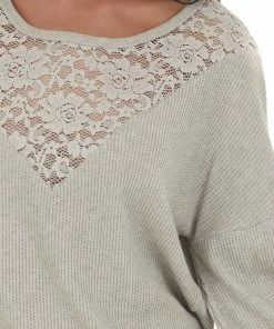 BiBi Latte Waffle Knit Long Sleeve Sheer Lace Top Tops