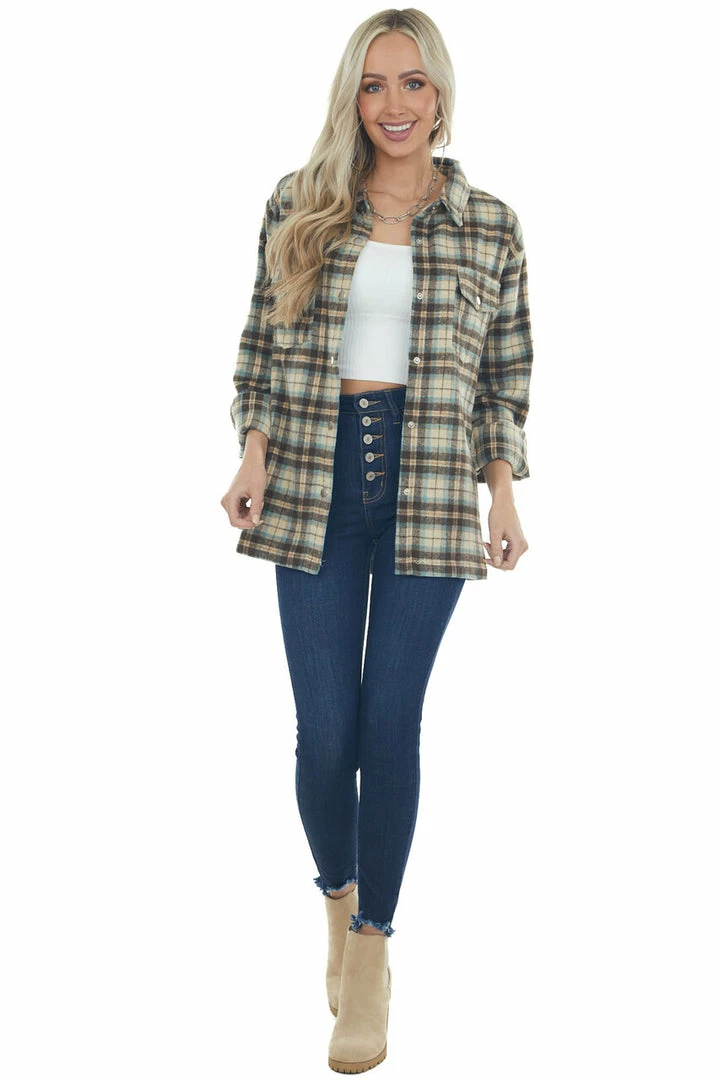 Kori America Beige Plaid Woven Shacket With Chest Pockets 7 Kori America Beige Plaid Woven Shacket With Chest Pockets