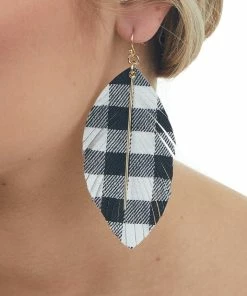 TRENDY Black Buffalo Plaid Feather Dangle Earrings