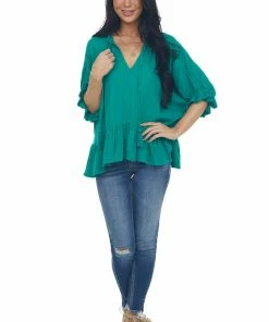Umgee Tops Kelly Green Textured Blouse With Ruffle Details And Neck Tie