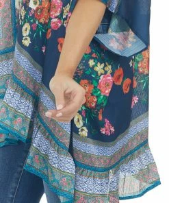 Umgee Tops Navy Floral Short Sleeve Open Front Kimono