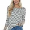Haptics Ivory Striped Knit Top With Leopard Contrast