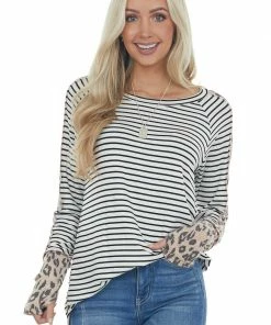 Haptics Ivory Striped Knit Top With Leopard Contrast
