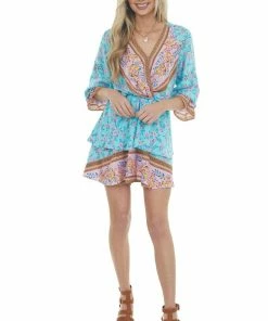 Umgee Dresses Aqua Floral Print Mini Dress With Overlay Detail