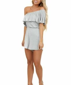 EG Fashion Heather Grey Off Shoulder Romper With Ruffle Overlay Detail Dresses