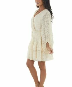 Peach Love Cream And Gold Metallic Texture Surplice Dress Dresses