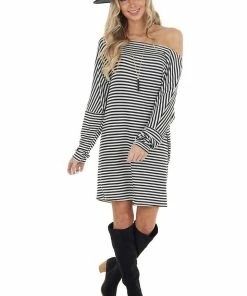 Peach Love Black And White Striped Boat Neckline Short Knit Dress Dresses