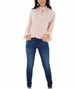 Main Strip Peach Smocked Neck Bubble Sleeve Keyhole Top