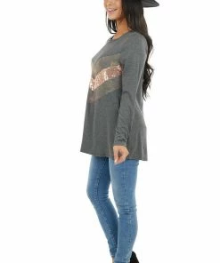 Lovely Melody Charcoal Long Sleeve Top With Sequin And Camo Details