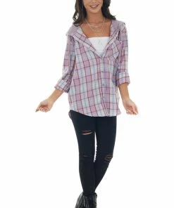 Hem & Thread Tops Orchid Plaid Print Shirt Jacket With Hoodie