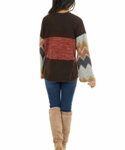 RAE MODE Chocolate Brown And Marsala Knit Top With Aztec Print Sleeve Tops 28 RAE MODE Chocolate Brown And Marsala Knit Top With Aztec Print Sleeve Tops