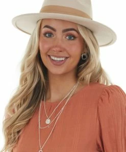 Fame Accessories Champagne Felt Wide Brim Pleated Ribbon Hat