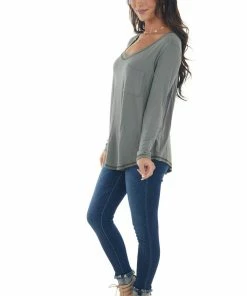 143 Story Hazy Sage Exposed Stitch Chest Pocket Knit Top