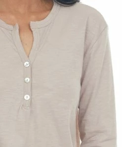 Charlotte Avery Tops Tea Rose Long Sleeve Notch Neck Henley Top