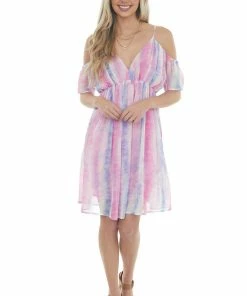 Davi & Dani Dresses Thulian Pink Tie Dye Cold Shoulder Mini Dress